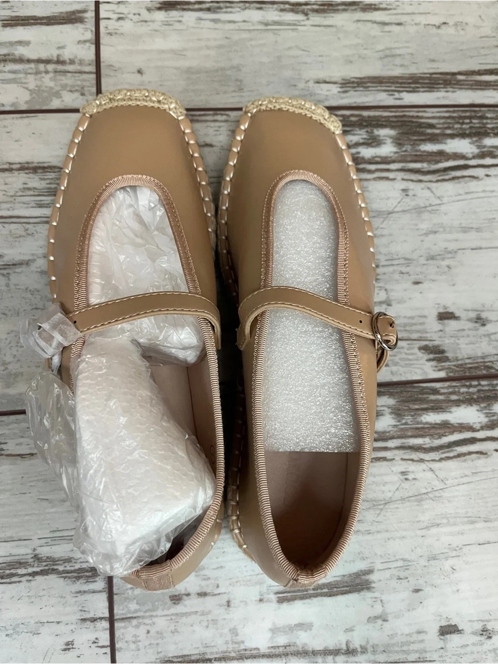 Coutgo Beige Tan Square Toe Mary Jane Espadrille Flats Ankle Strap Womens 7 NWOT